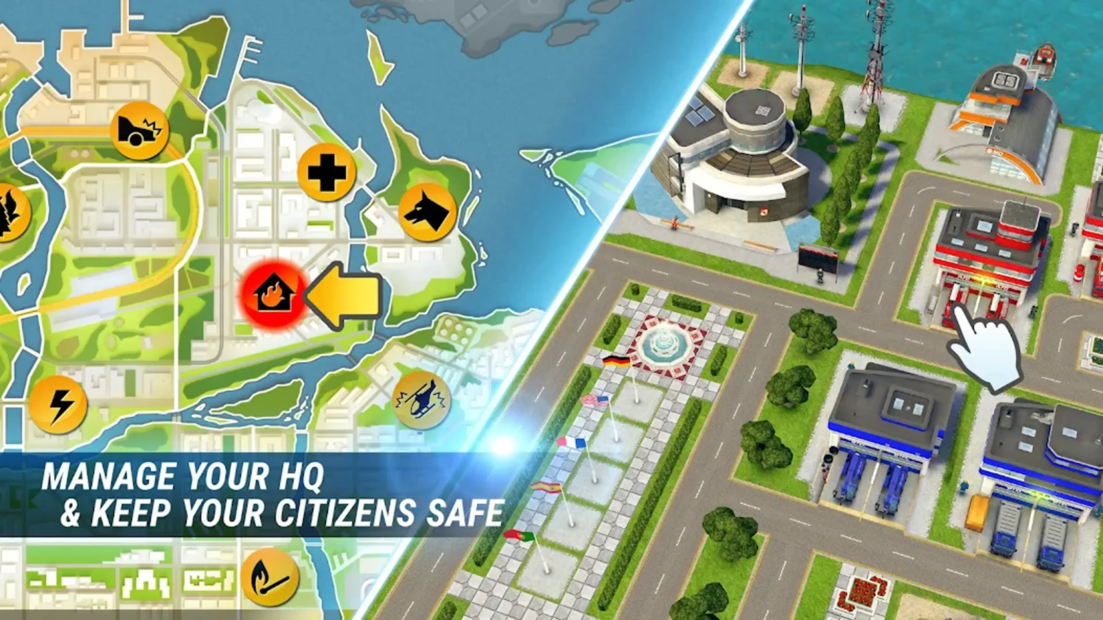 Manage your HQ and keep your citizens safe